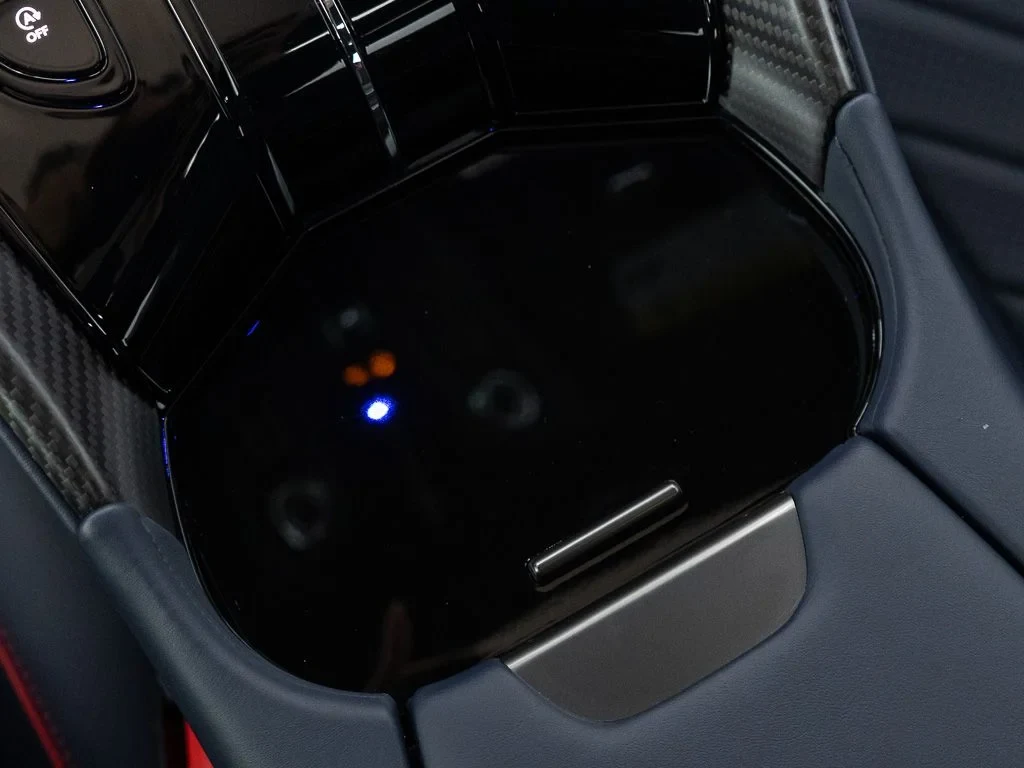 2026 Aston Martin DB12 S interior, center console, Dark Knight w/Stitching in Spicy Red