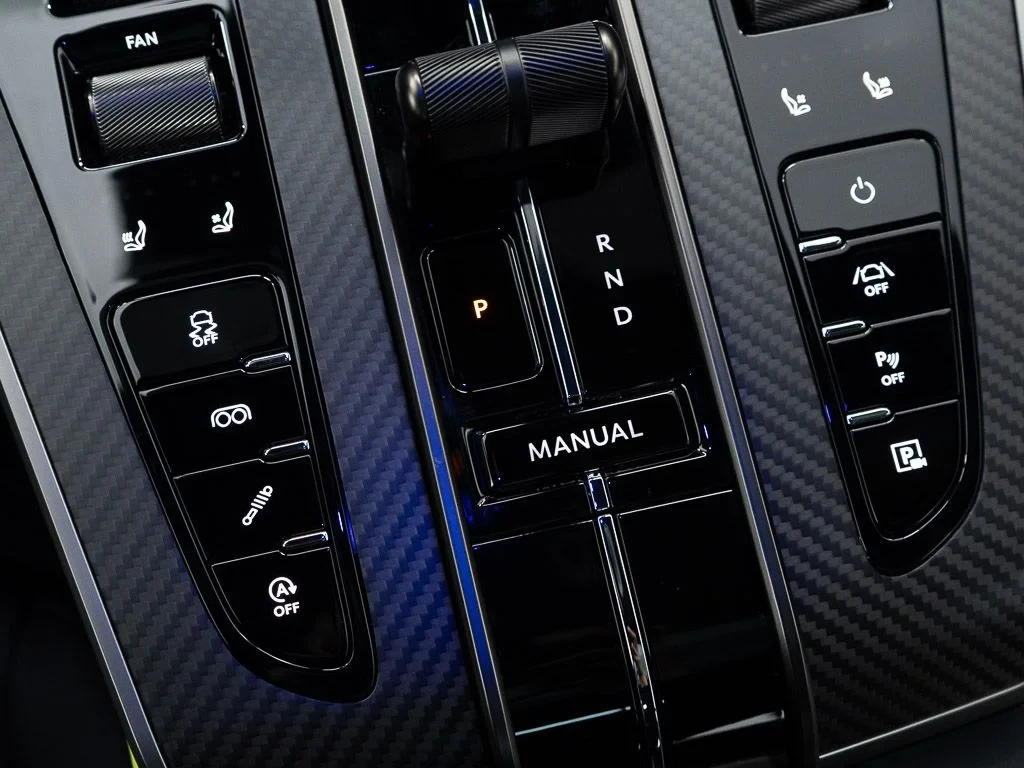2026 Aston Martin Vanquish interior, center console, Onyx Black w/Accents in AMR Lime