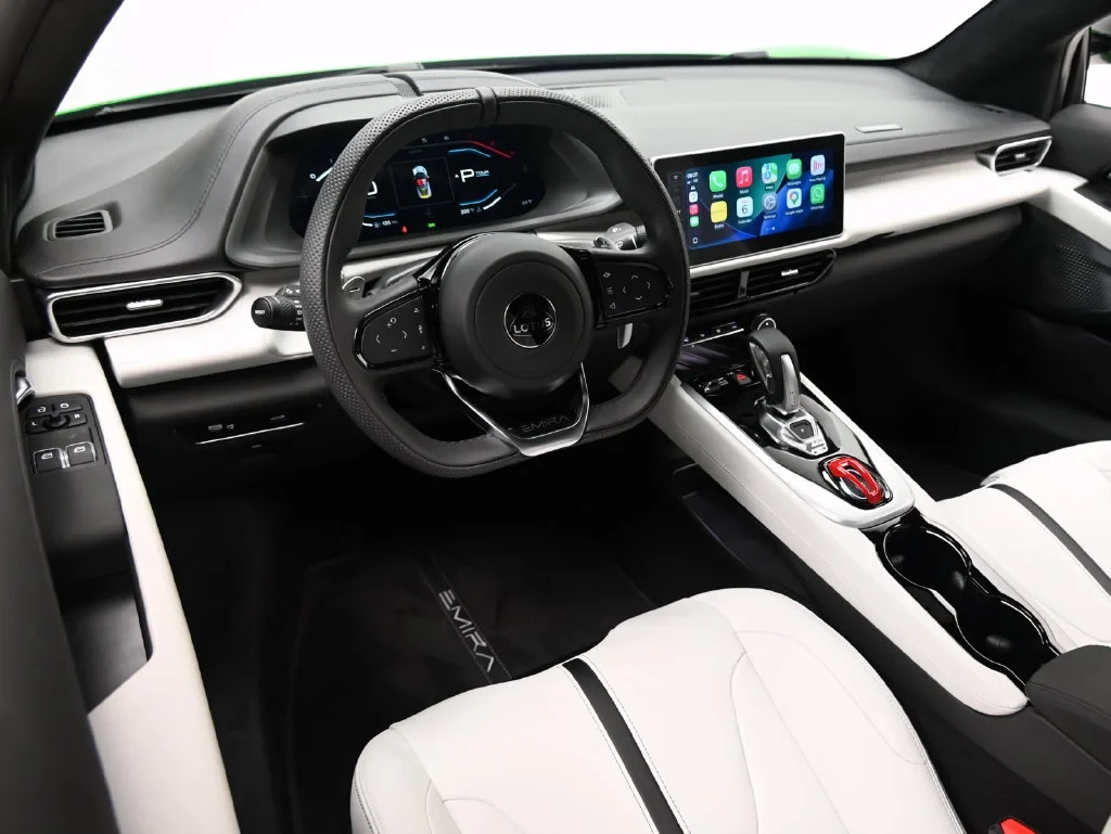 2027 Lotus Emira Turbo SE interior, dashboard, Ice Grey and Black