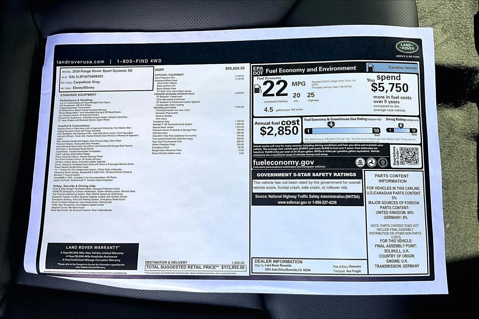 2026 Land Rover Range Rover Sport Dynamic SE (L461), 14/14