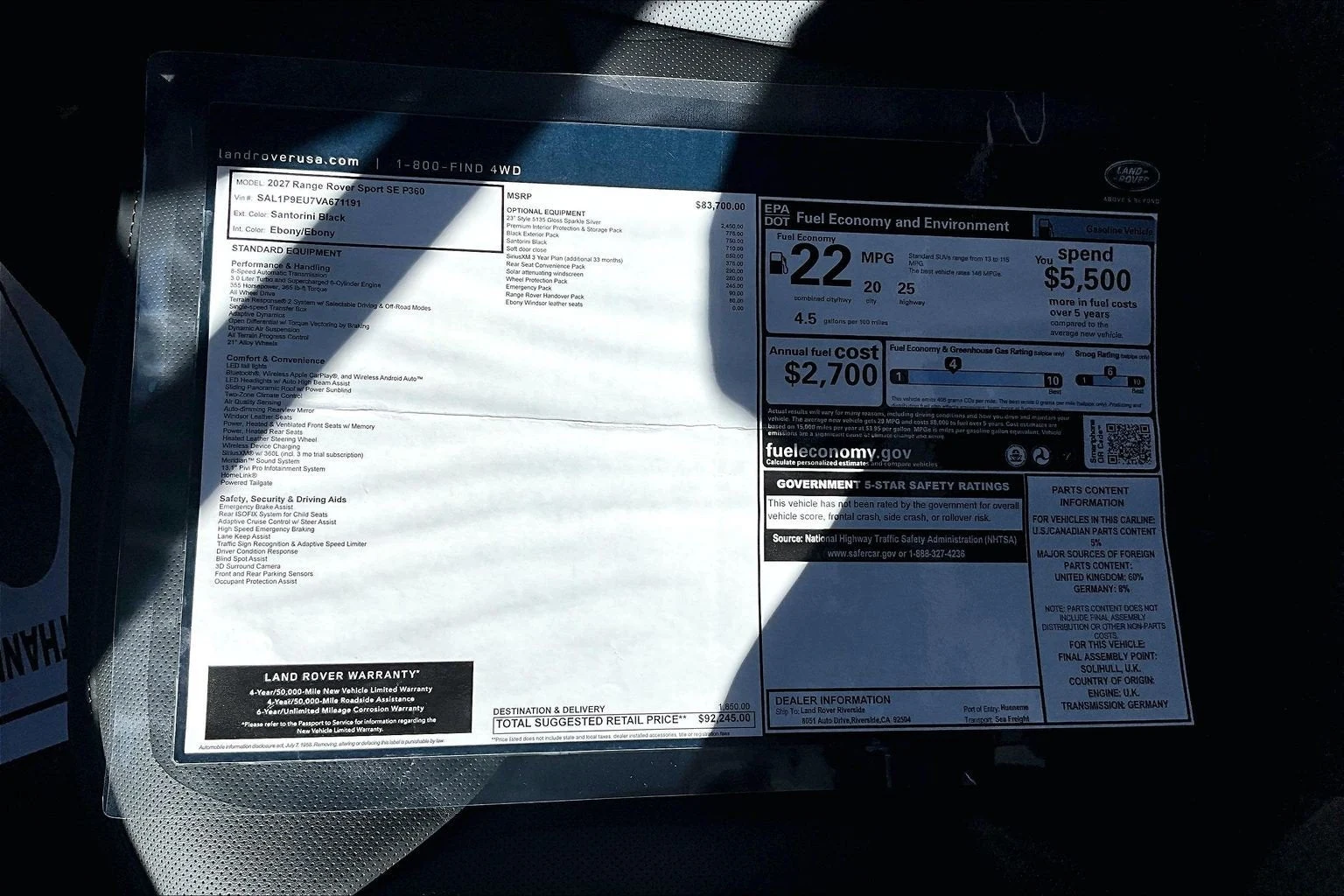 2027 Land Rover Range Rover Sport SE, documents and keys