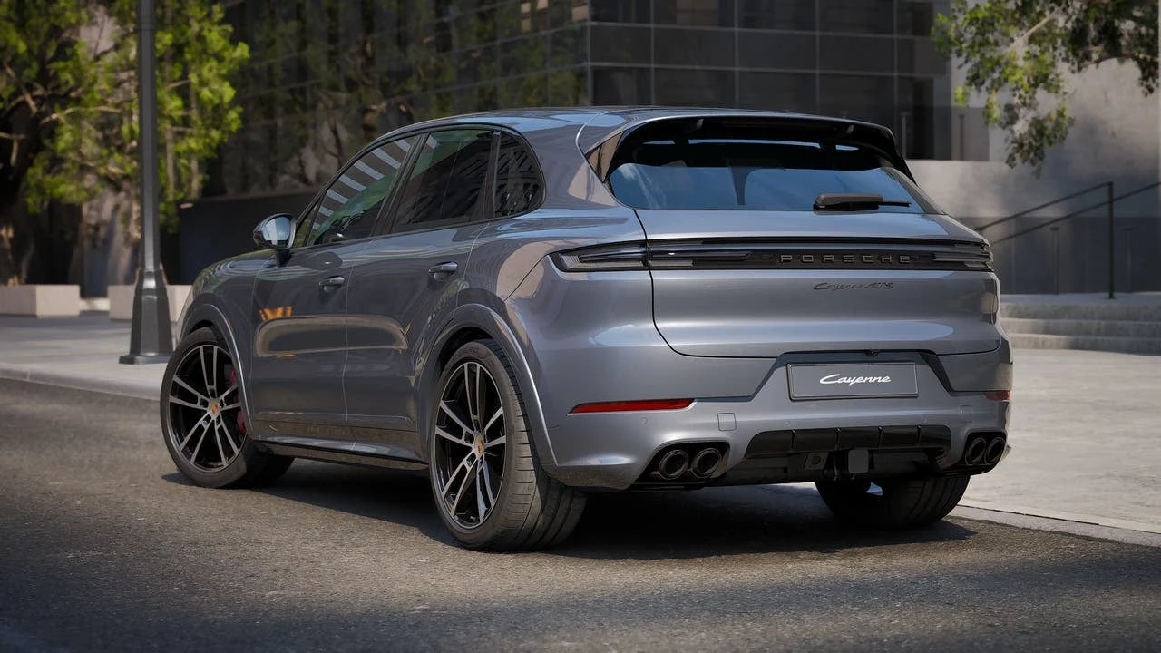 2027 Porsche Cayenne GTS, rear three-quarter view, Vanadium Grey Metallic