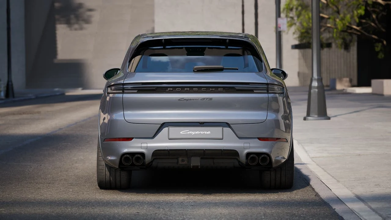 2027 Porsche Cayenne GTS, rear three-quarter view, Vanadium Grey Metallic