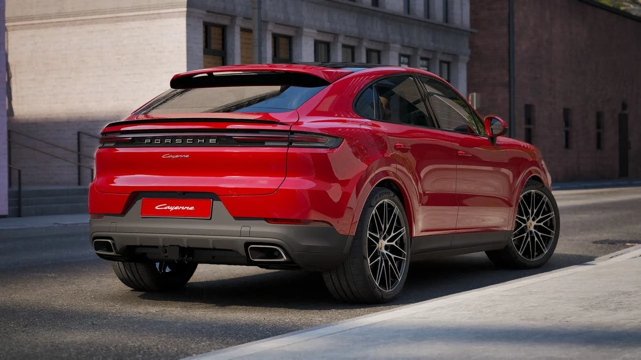 2027 Porsche Cayenne Coupé, rear three-quarter view, Carmine Red