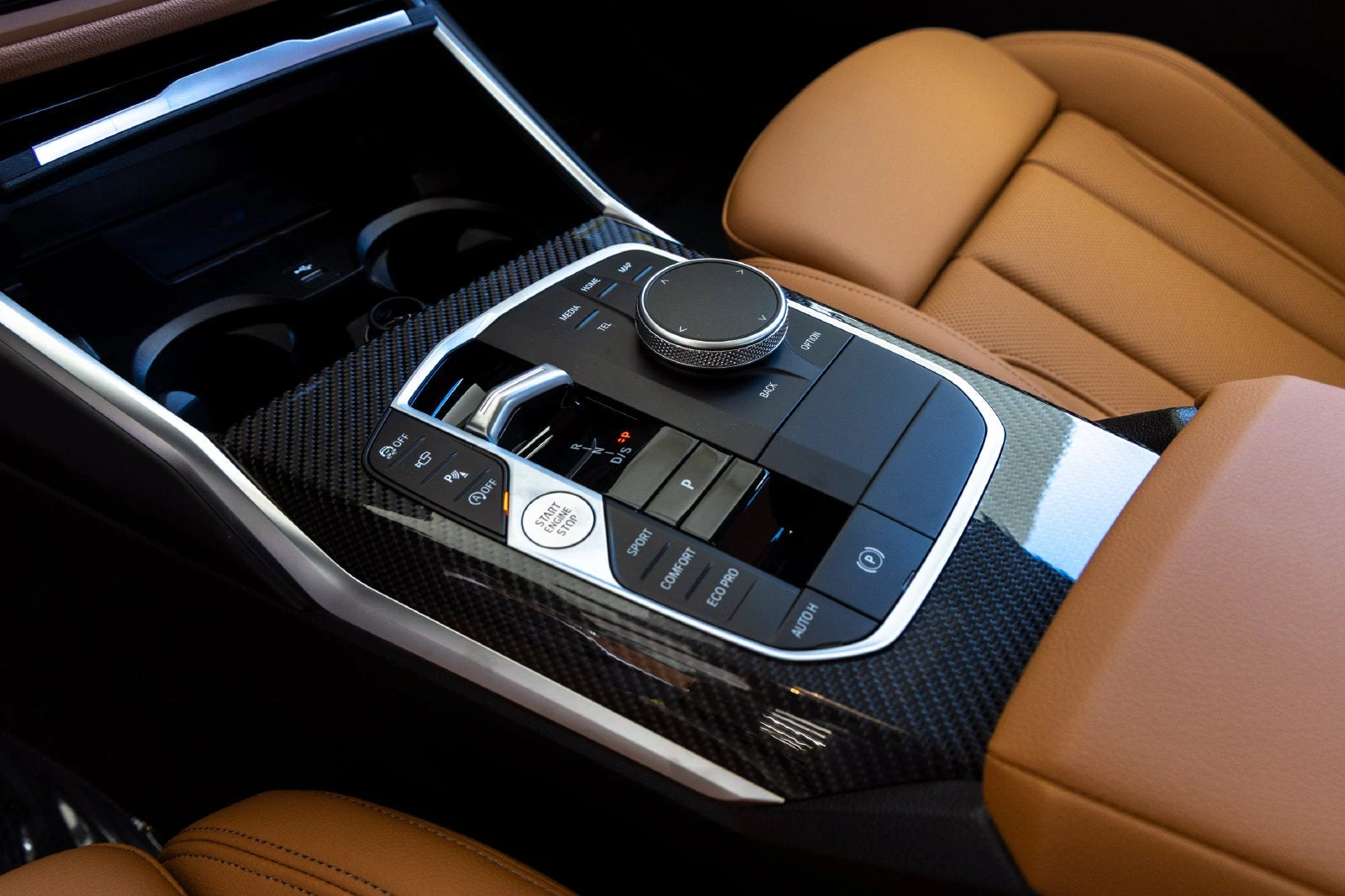 2026 BMW M340i Sedan interior, center console, Cognac Perforated Sensatec