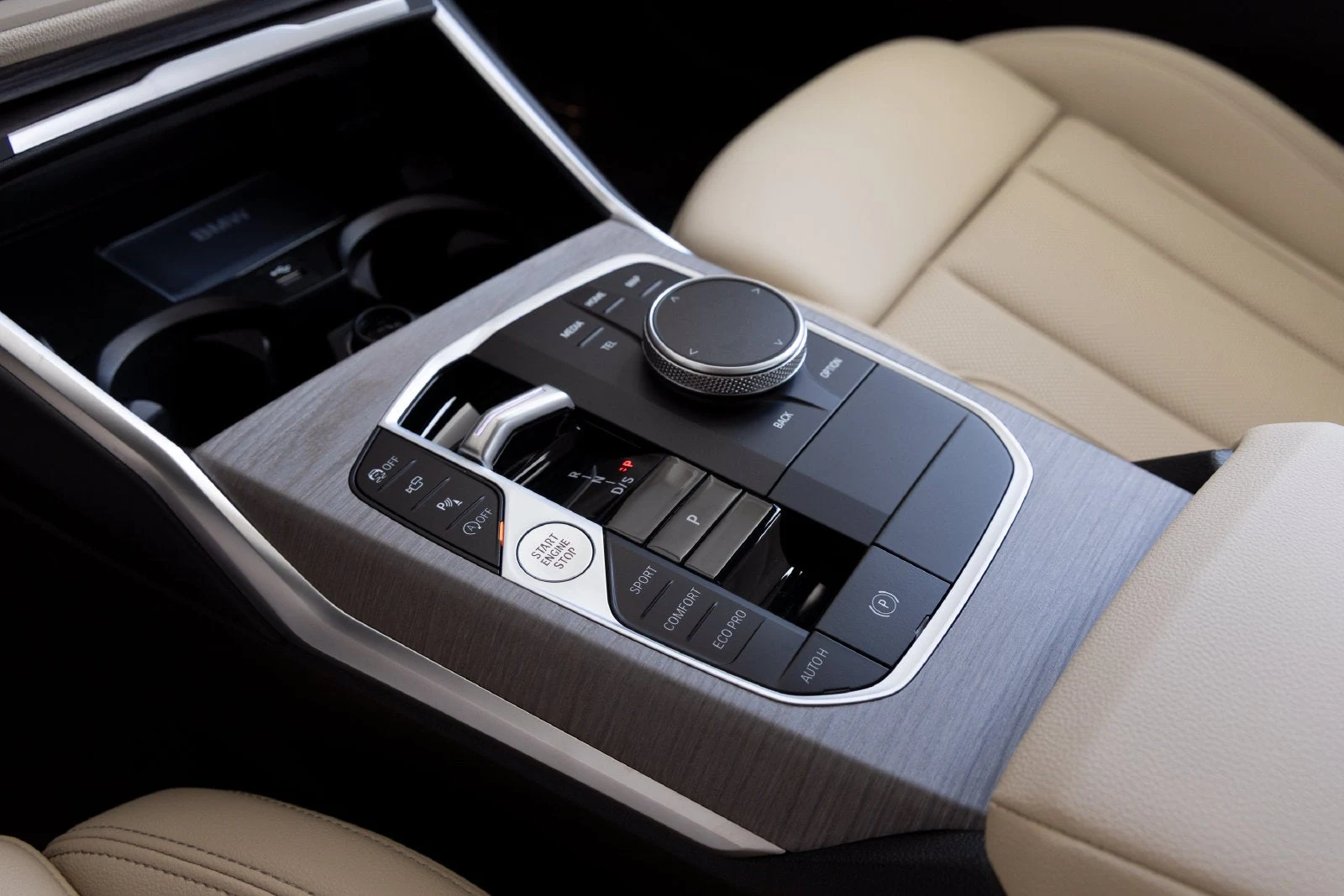 2026 BMW 330i Sedan interior, center console, Canberra Beige Perforated Sensatec