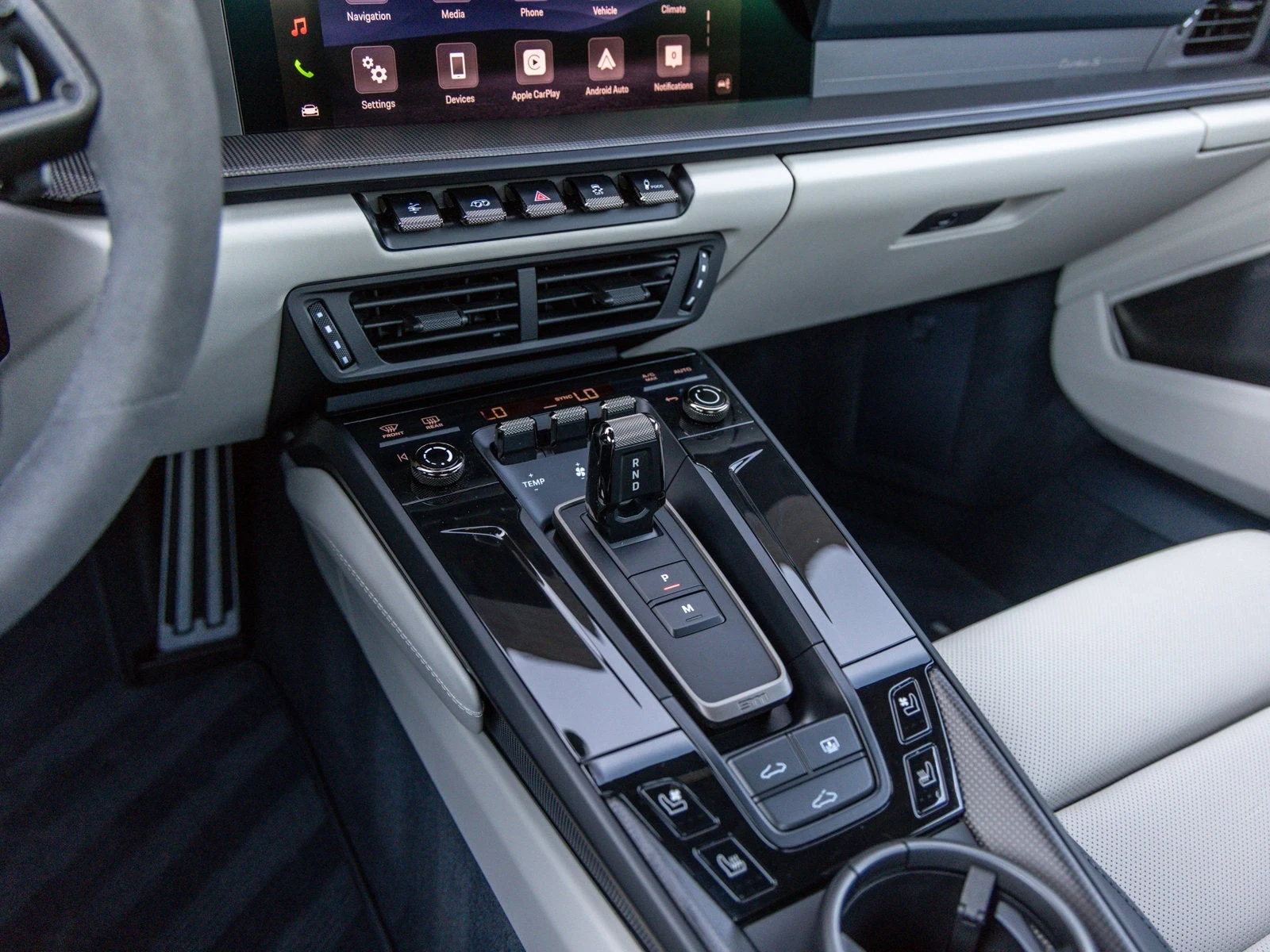 2026 Porsche 911 Turbo S interior, center console, Dark Night Blue / Chalk leather