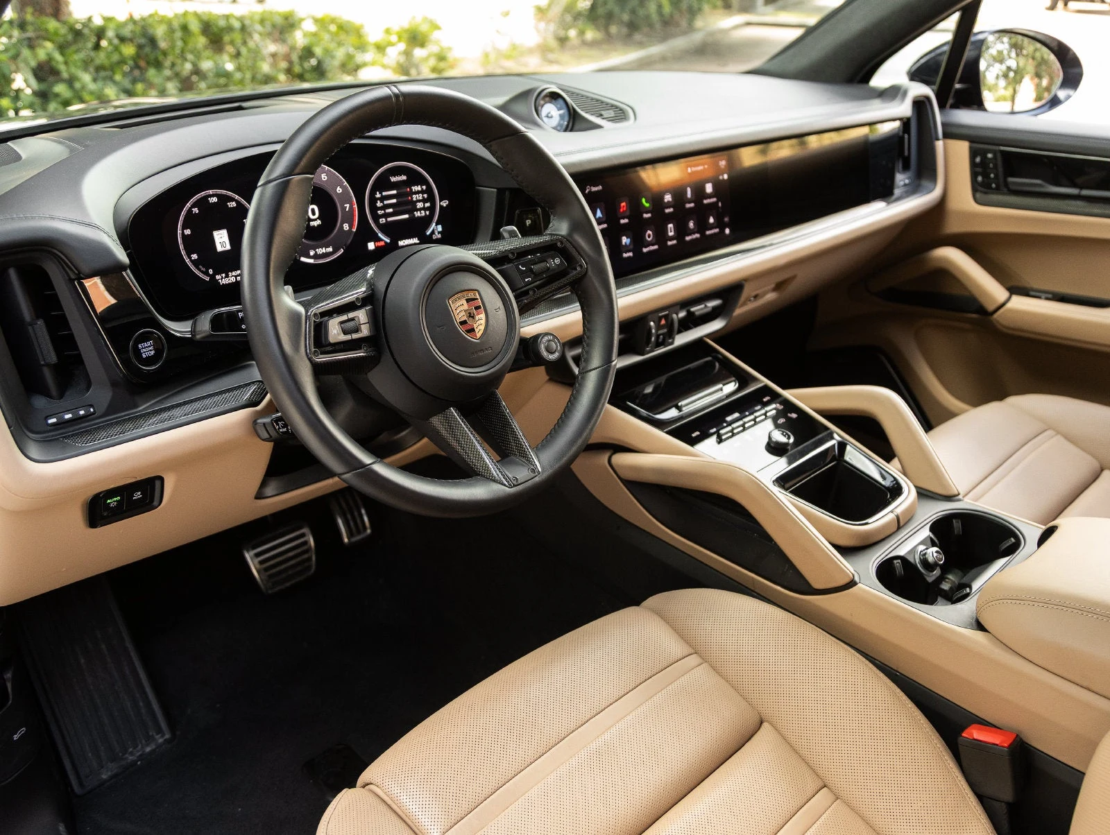 2025 Porsche Cayenne GTS interior, dashboard, Black / Mojave Beige leather
