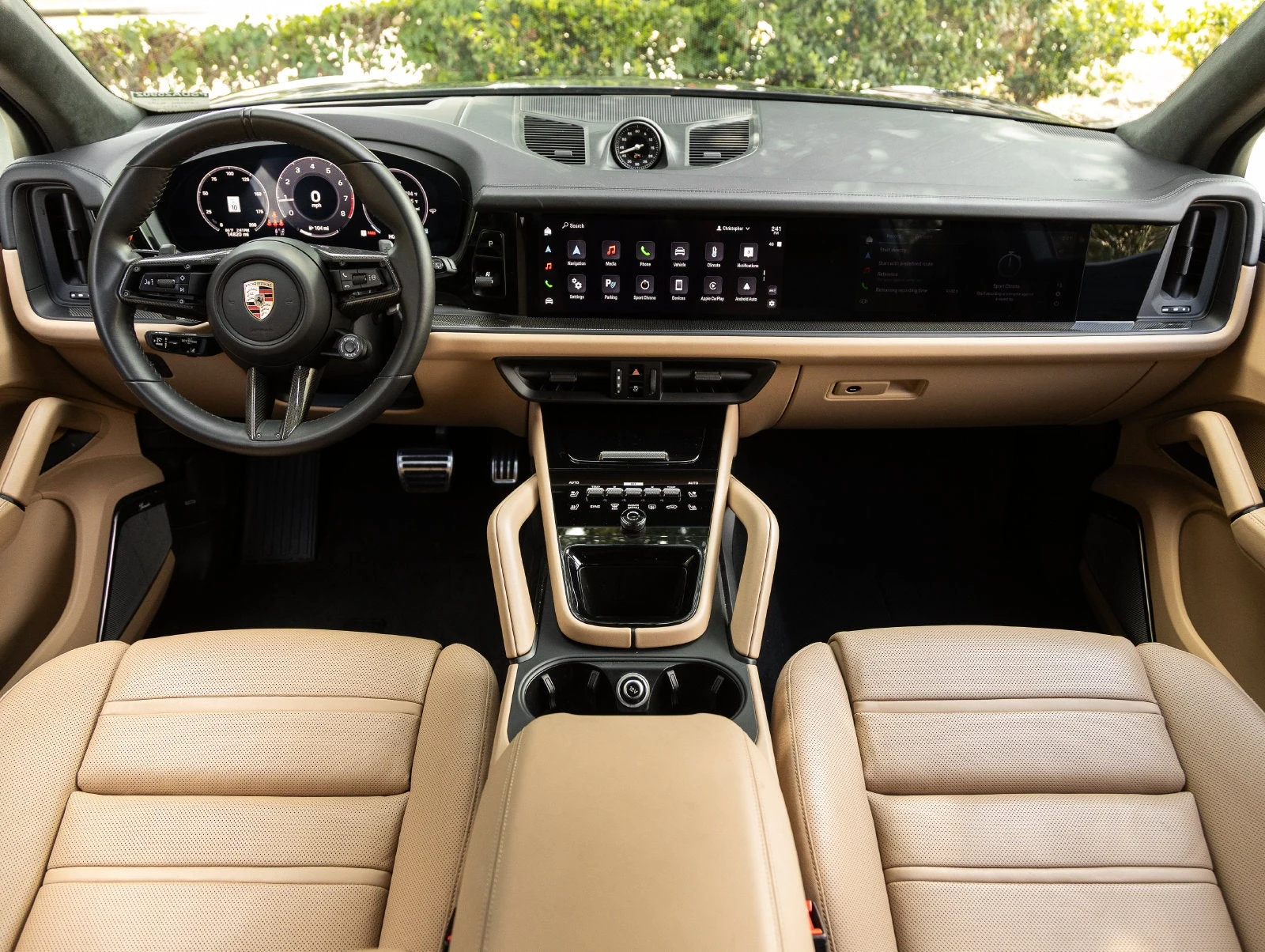2025 Porsche Cayenne GTS interior, dashboard, Black / Mojave Beige leather