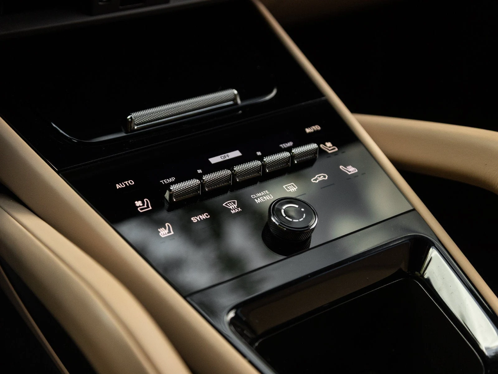 2025 Porsche Cayenne GTS interior, center console, Black / Mojave Beige leather