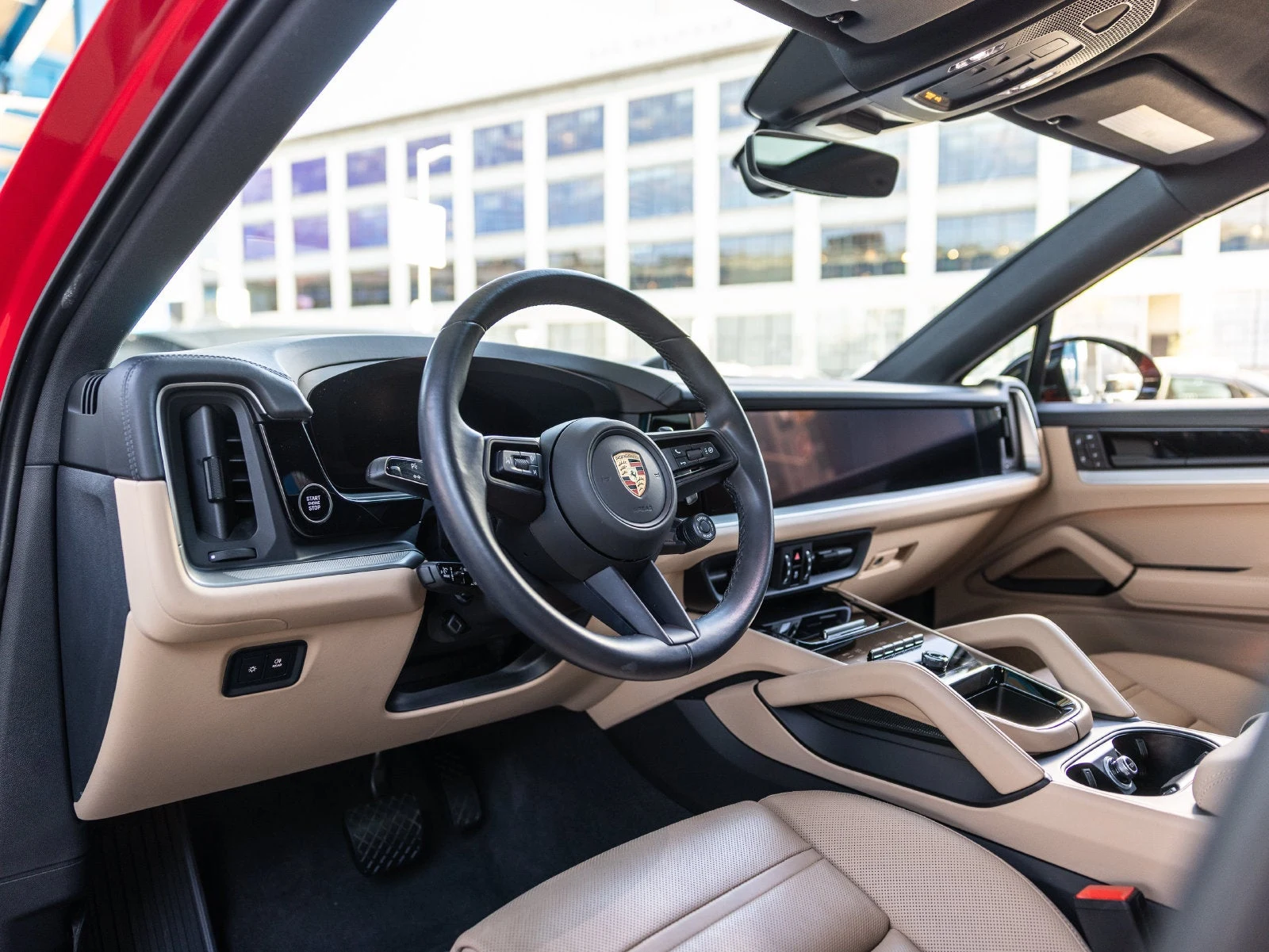 2025 Porsche Cayenne E-Hybrid Coupe interior, dashboard, Black / Mojave Beige leather