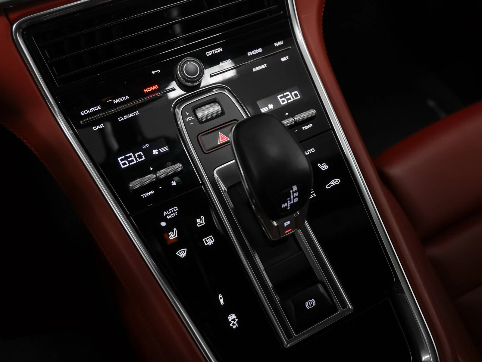 2023 Porsche Panamera 4S interior, center console, Black / Bordeaux Red leather