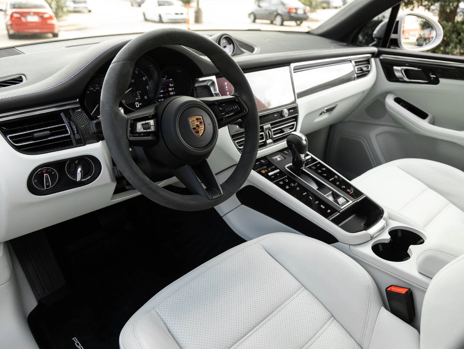 2024 Porsche Macan GTS interior, dashboard, Black / Pebble Grey leather