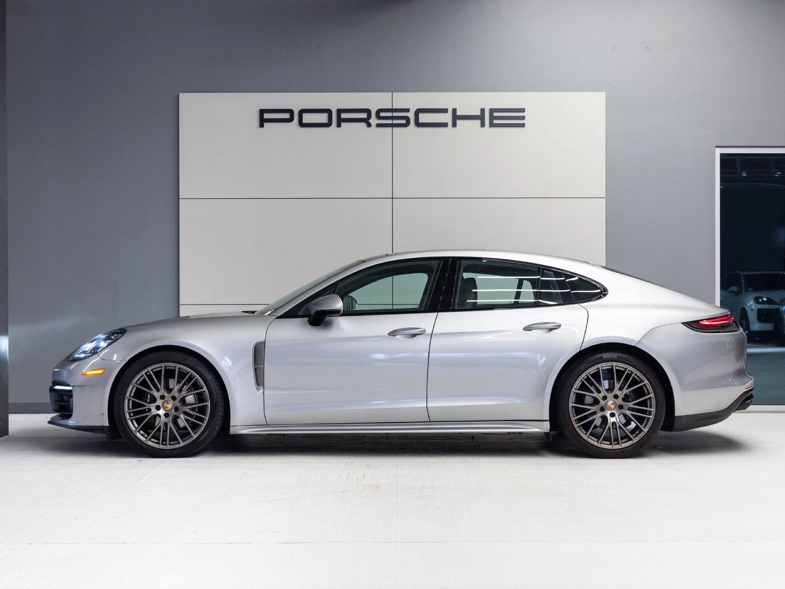 2023 Porsche Panamera 4 Platinum Edition, side profile, GT Silver Metallic