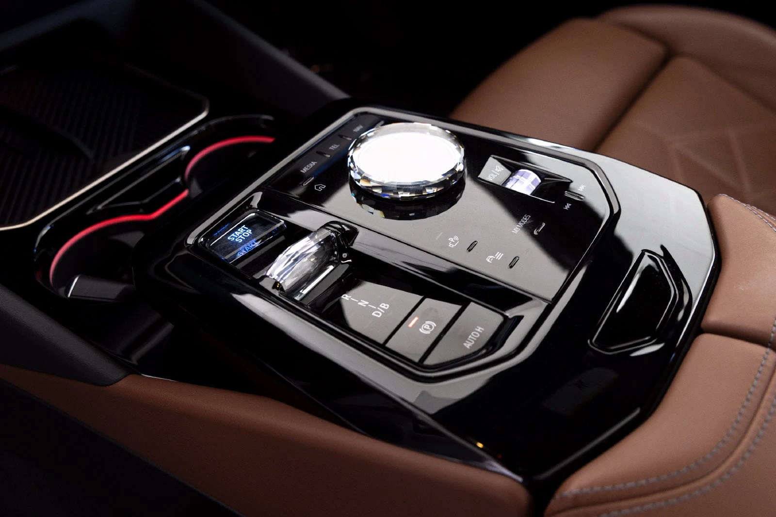 2024 BMW i5 eDrive40 interior, center console, Copper Brown / Atlas Grey leather
