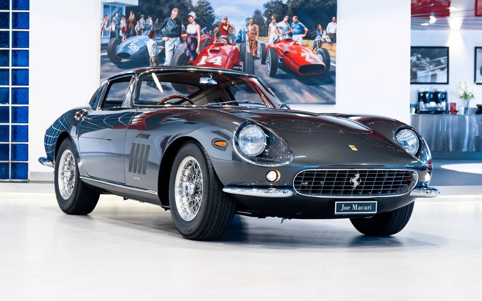 Dark grey Ferrari 275 GTB, full front three-quarter view