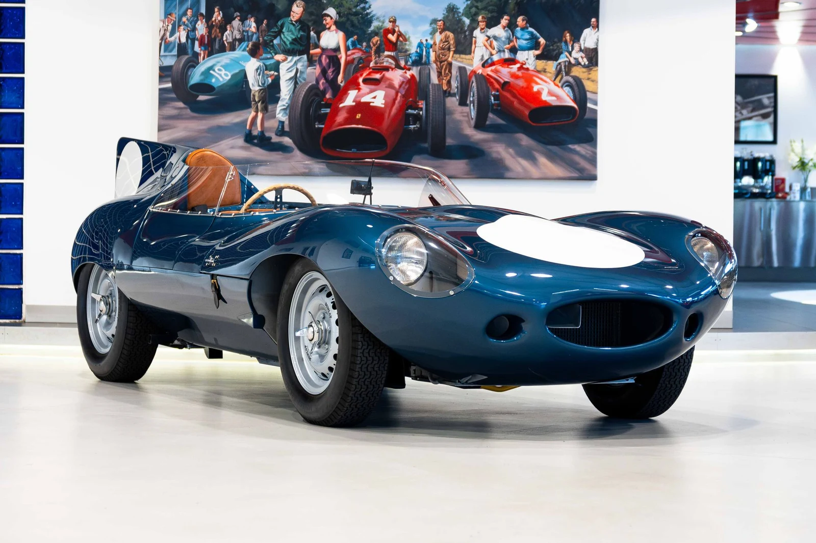 Blue Jaguar D-Type, full front three-quarter view