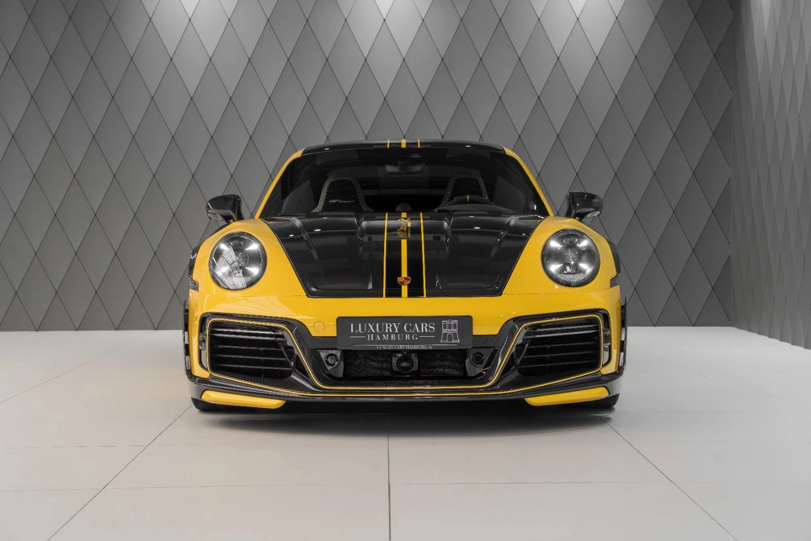 Yellow Porsche 911 Turbo S TECHART GTstreet R, full front view