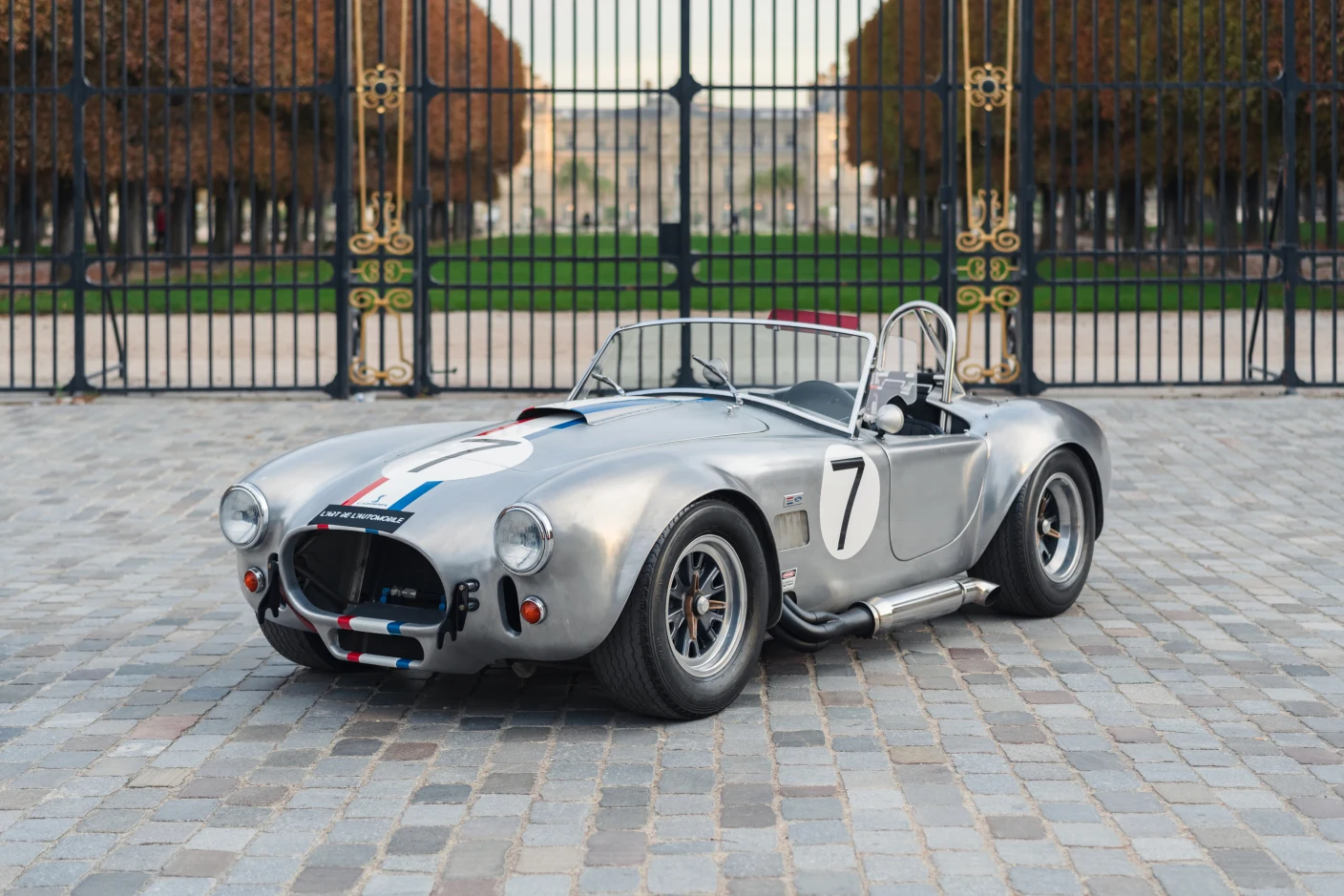 Brushed aluminum AC Cobra 427 S/C Kirkham, full front three-quarter view