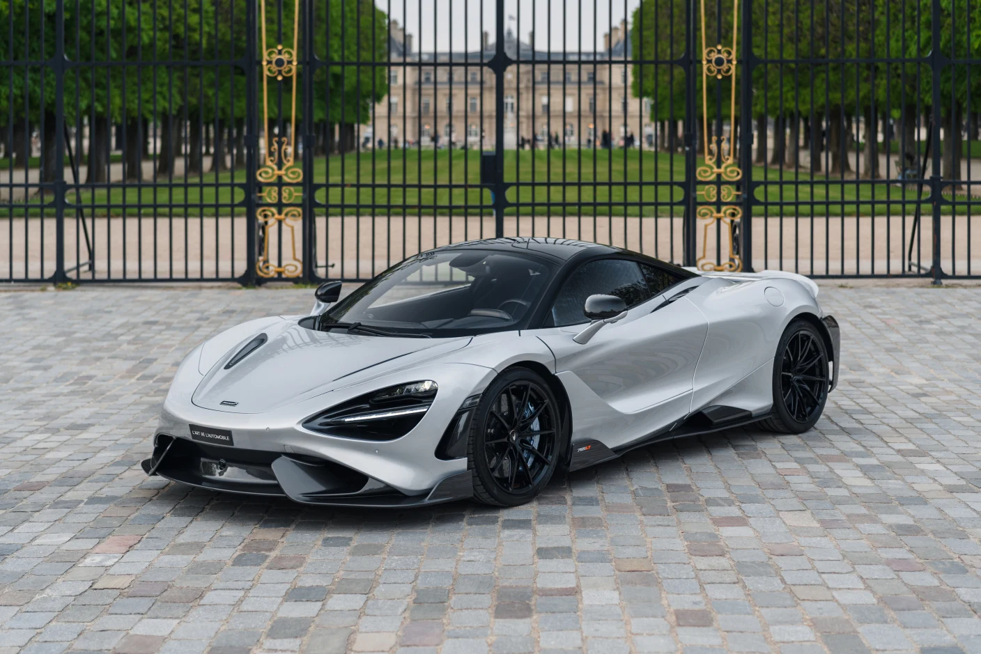 Silver McLaren 765LT, full front three-quarter view