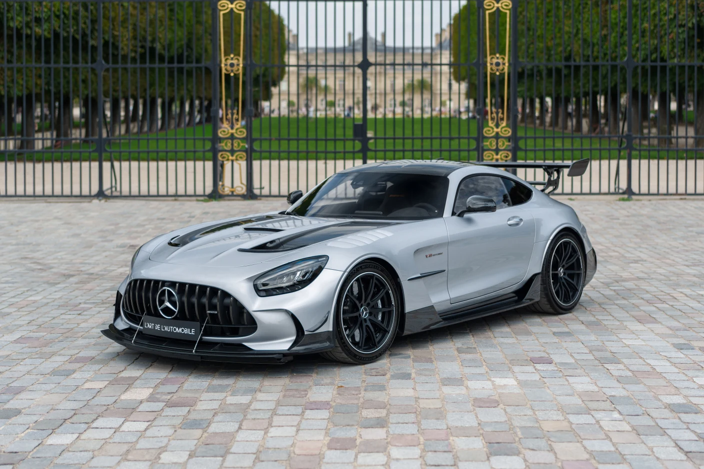 Silver Mercedes-AMG GT Black Series, full front three-quarter view