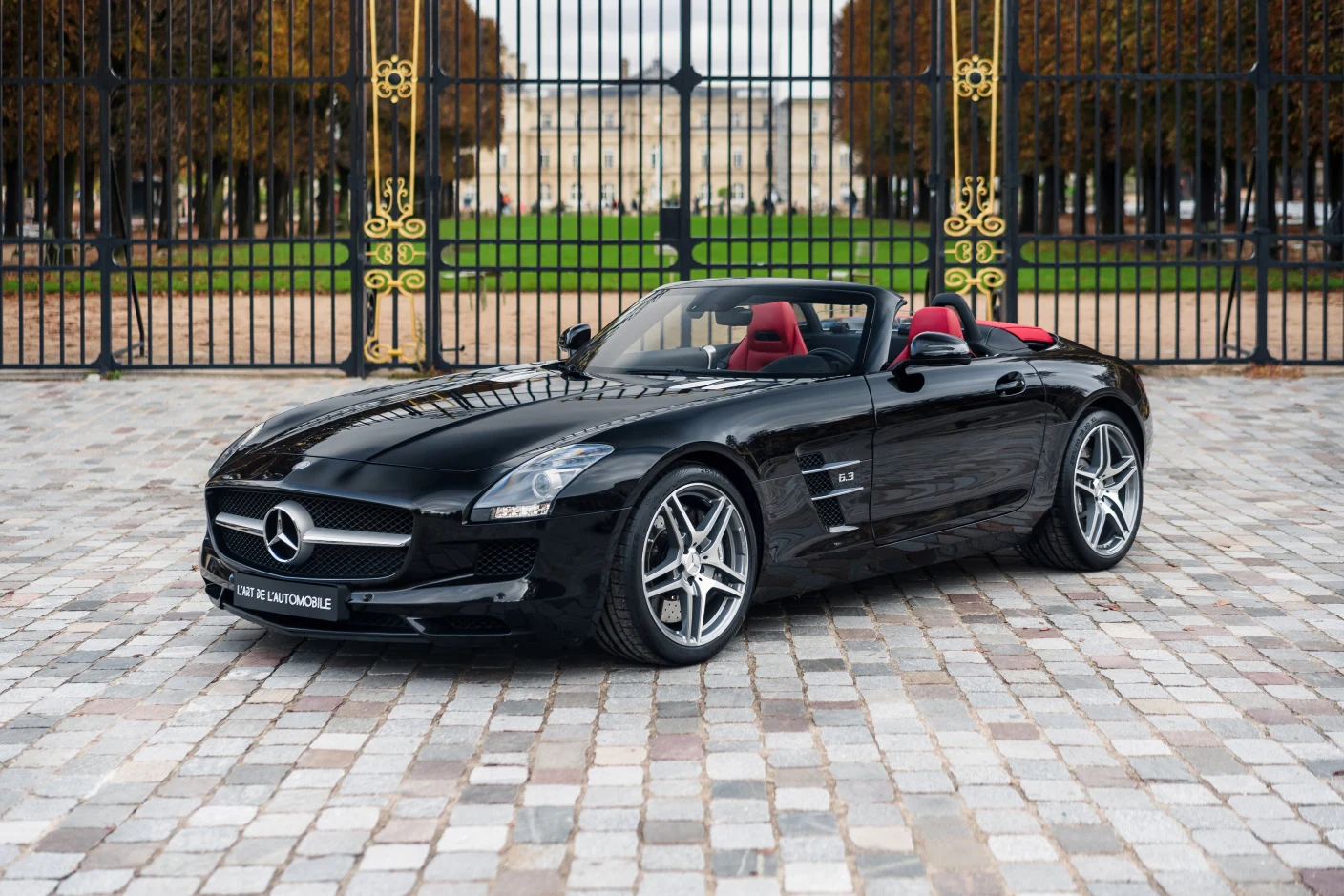 Black Mercedes-AMG SLS Roadster, full front three-quarter view