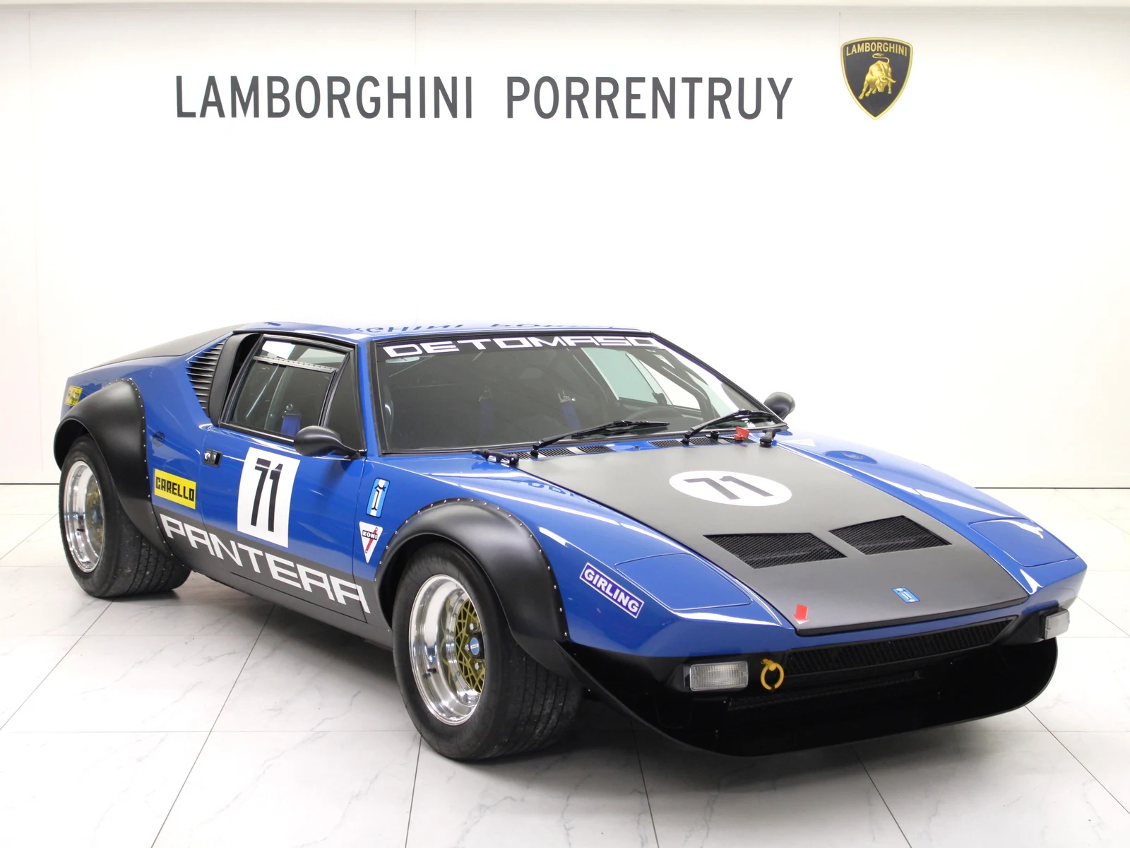 Blue De Tomaso Pantera GT4, full front three-quarter view
