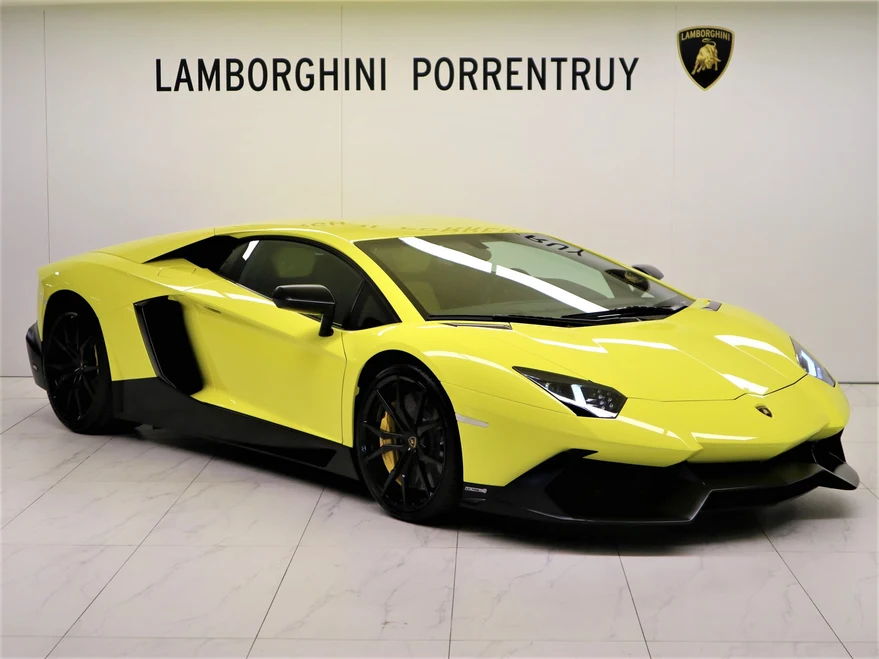 Yellow Lamborghini Aventador LP 720-4 50° Anniversario, full front three-quarter view