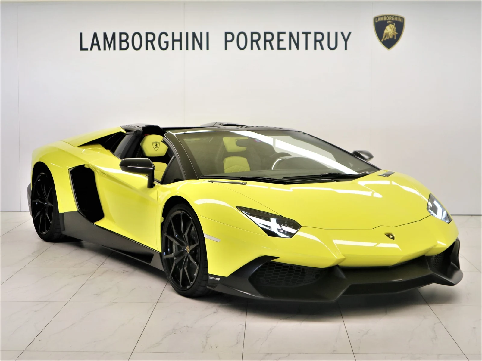 Yellow Lamborghini Aventador LP 720-4 Roadster 50° Anniversario, full front three-quarter view