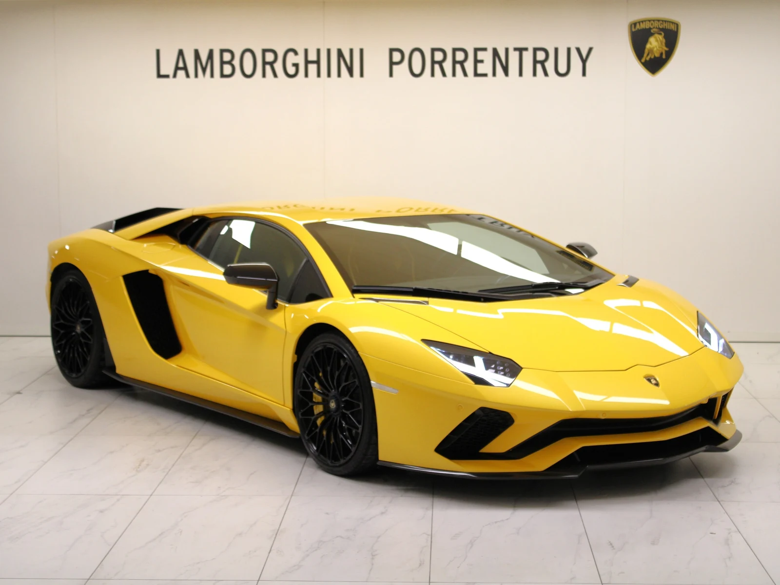 Yellow Lamborghini Aventador S, full front three-quarter view