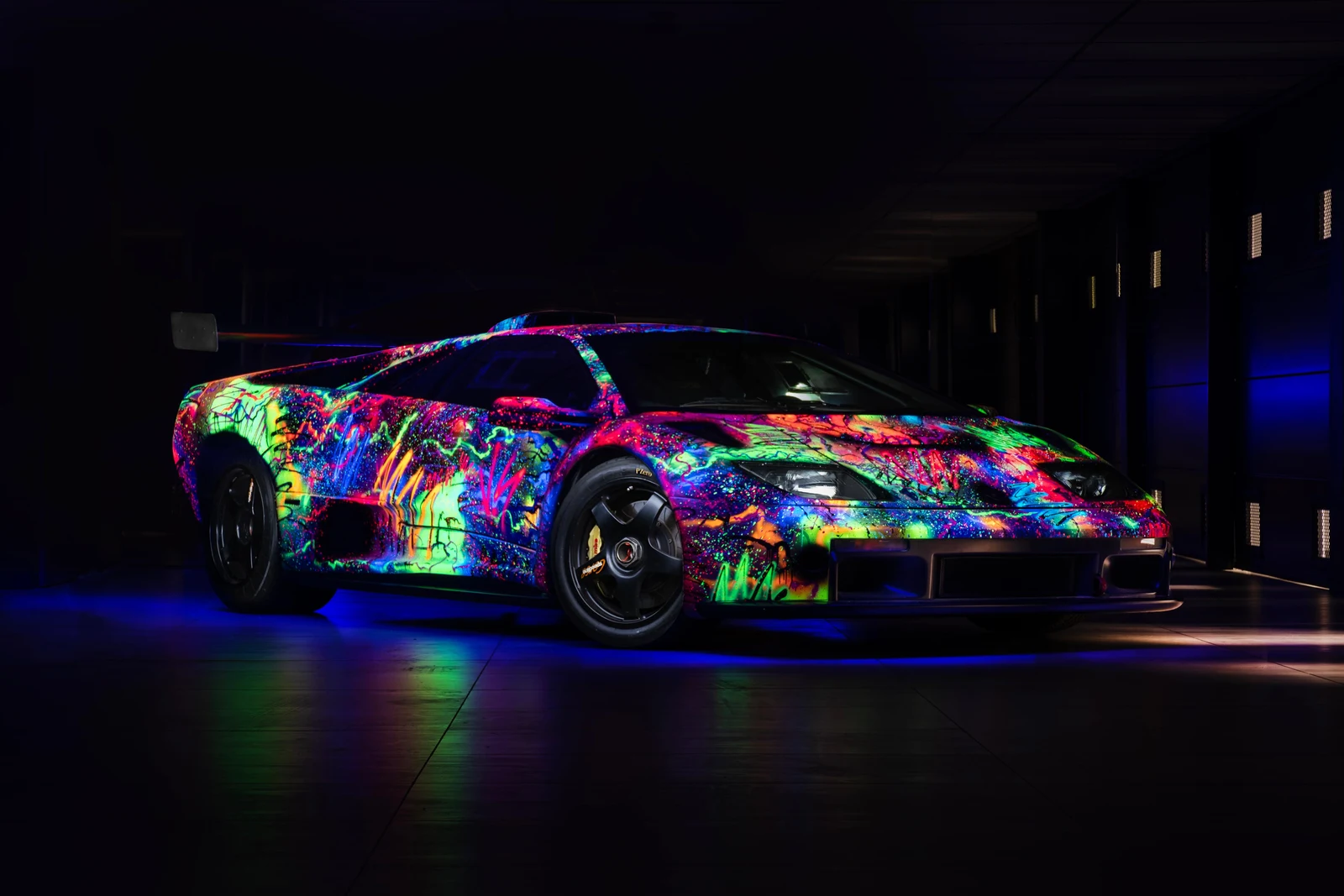 White Lamborghini Diablo GTR Art Car, full front three-quarter view
