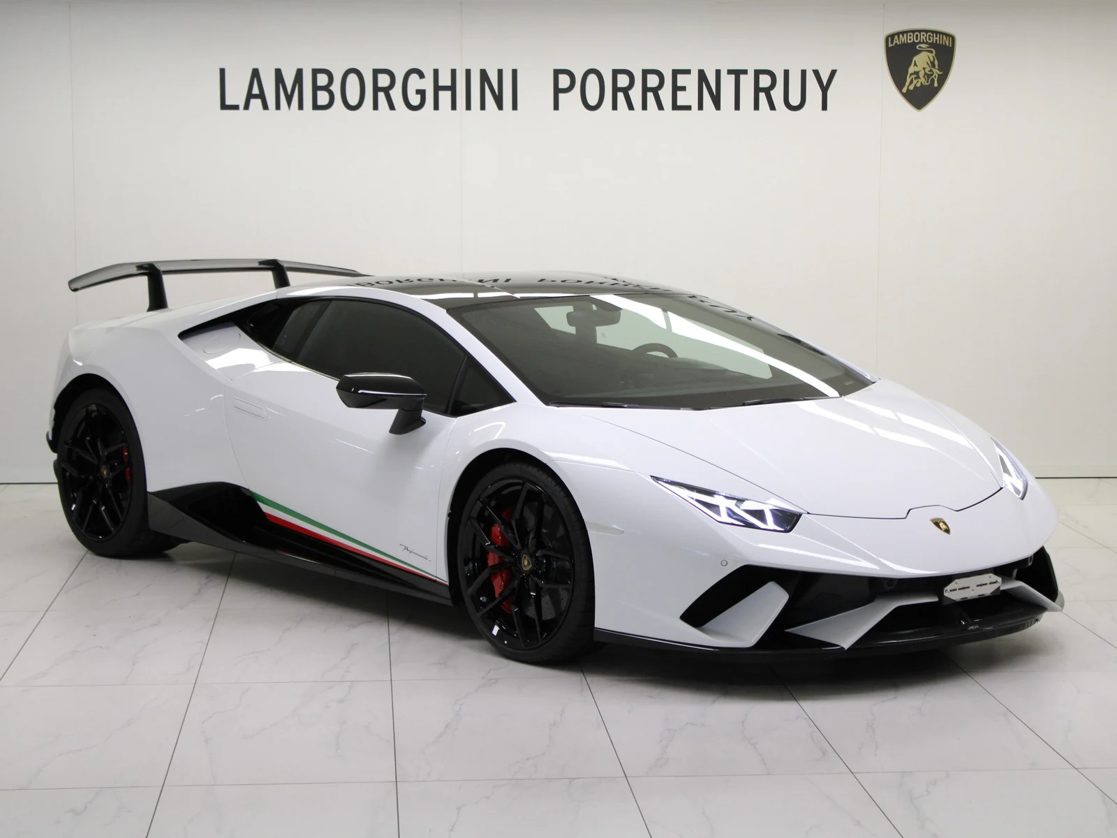 White Lamborghini Huracán Performante, full front three-quarter view