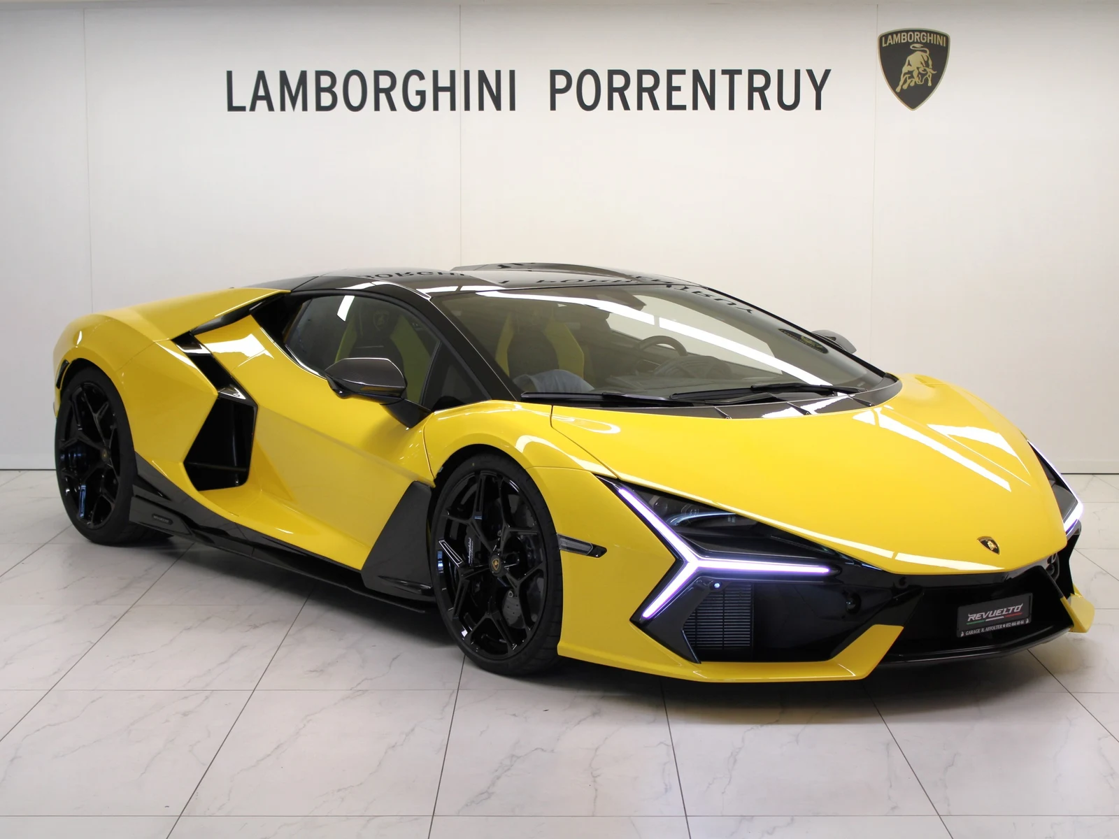 Yellow Lamborghini Revuelto, full front three-quarter view