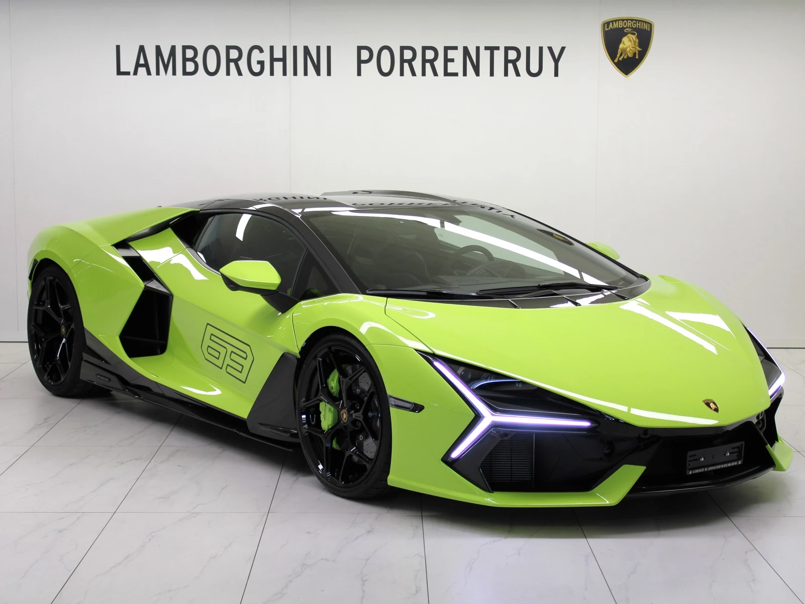 Green Lamborghini Revuelto, full front three-quarter view
