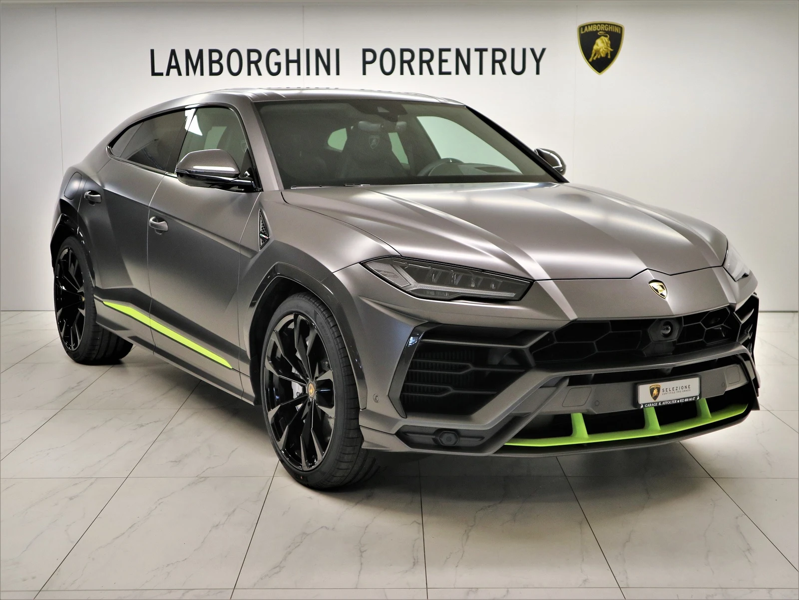 Gray Lamborghini Urus Graphite Capsule, full front three-quarter view