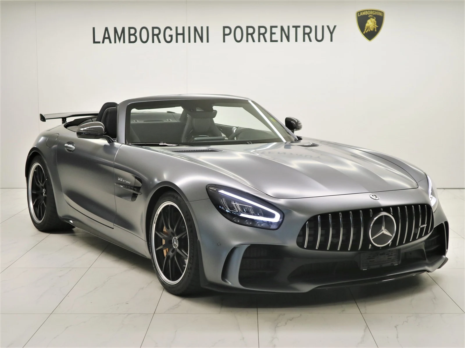 Anthracite gray Mercedes-AMG GT R Roadster, full front three-quarter view