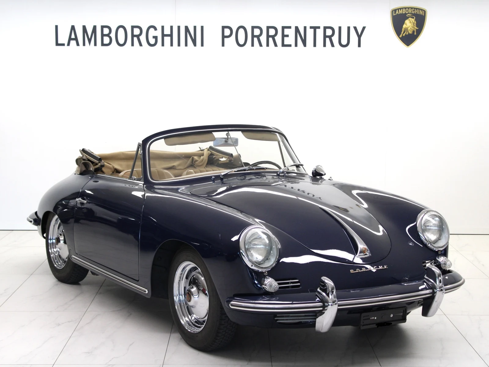 Blue Porsche 356 B 1600 Super Cabriolet, full front three-quarter view