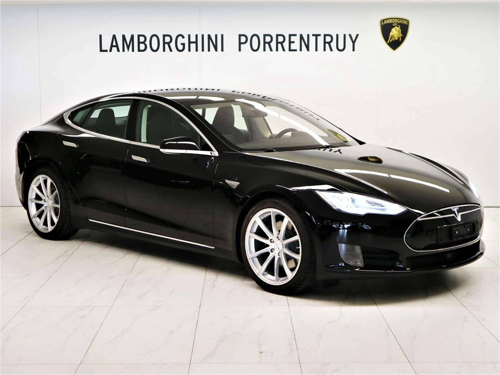 Black Tesla Model S 70D, full front three-quarter view