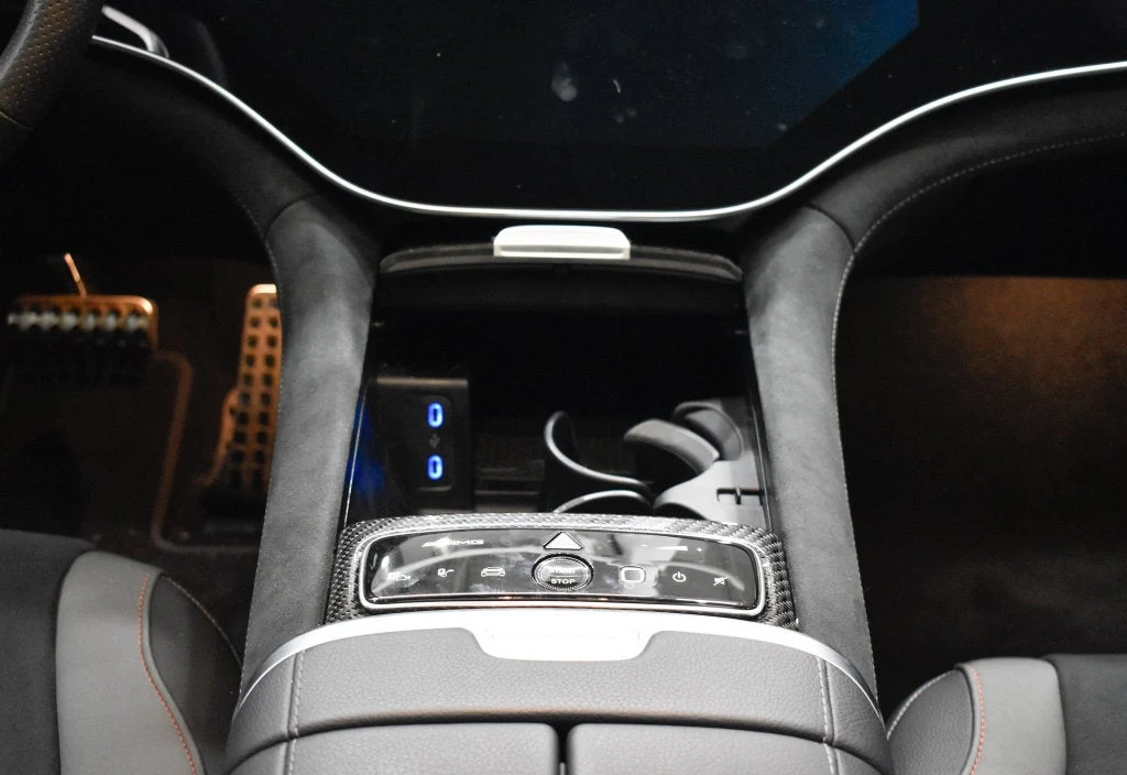 2025 Mercedes-AMG EQE 4MATIC+ Sedan interior, center console, Black/Space Grey