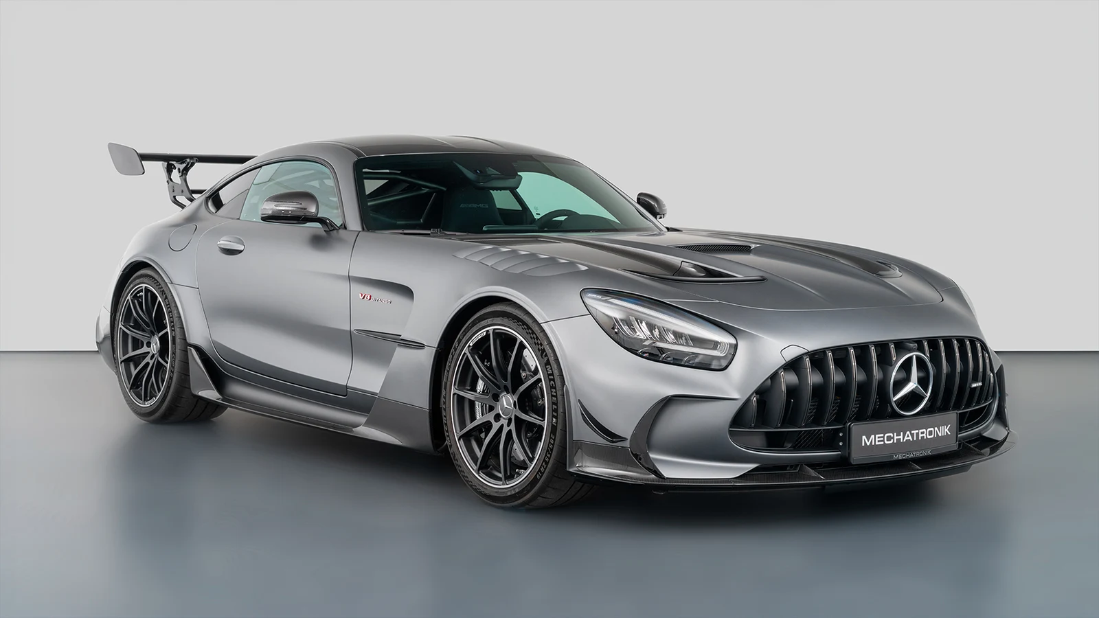 Matte Selenite Grey Mercedes-AMG GT Black Series, full front three-quarter view