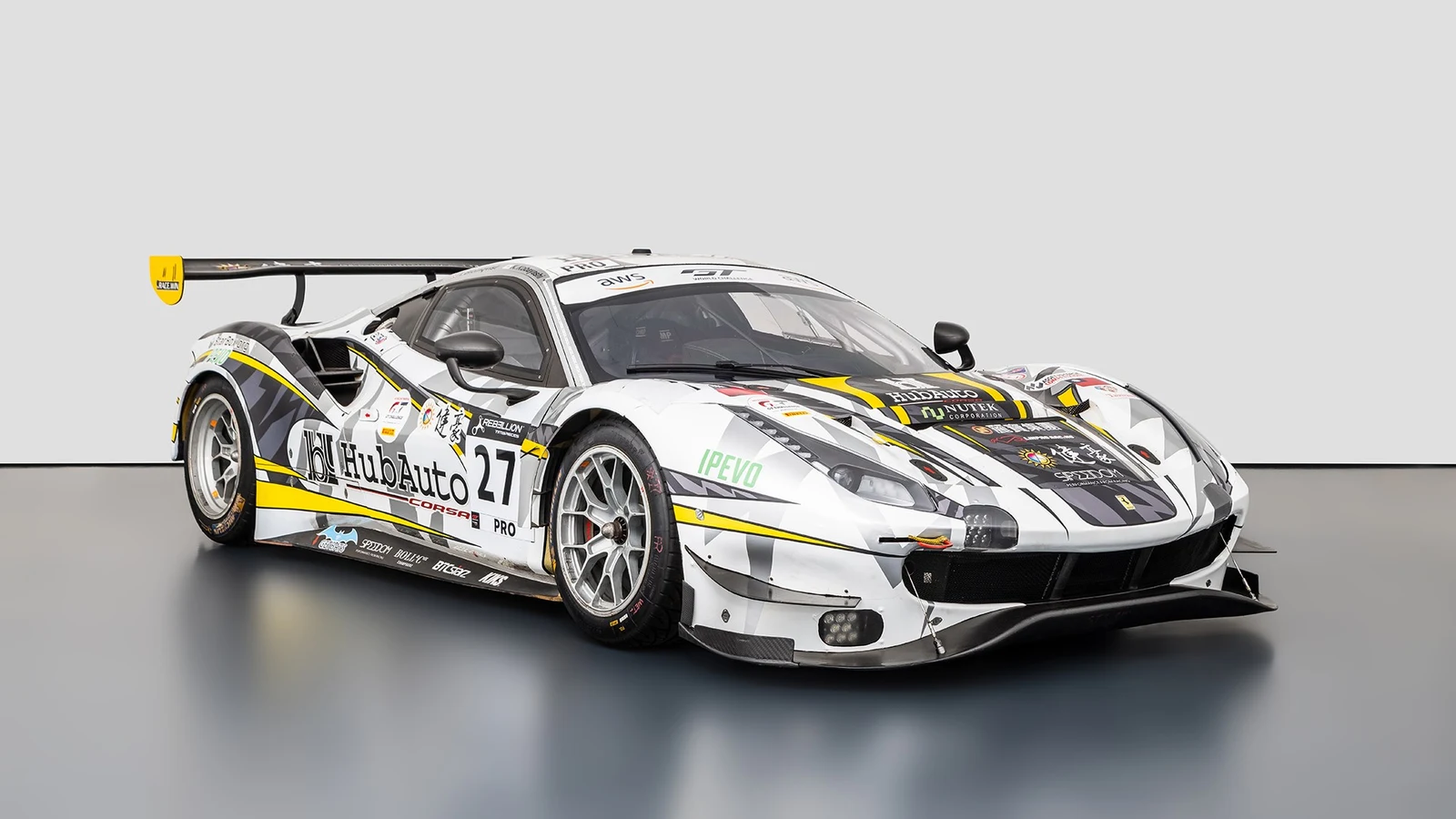 Race-liveried Ferrari 488 GT3 Evo, full front three-quarter view
