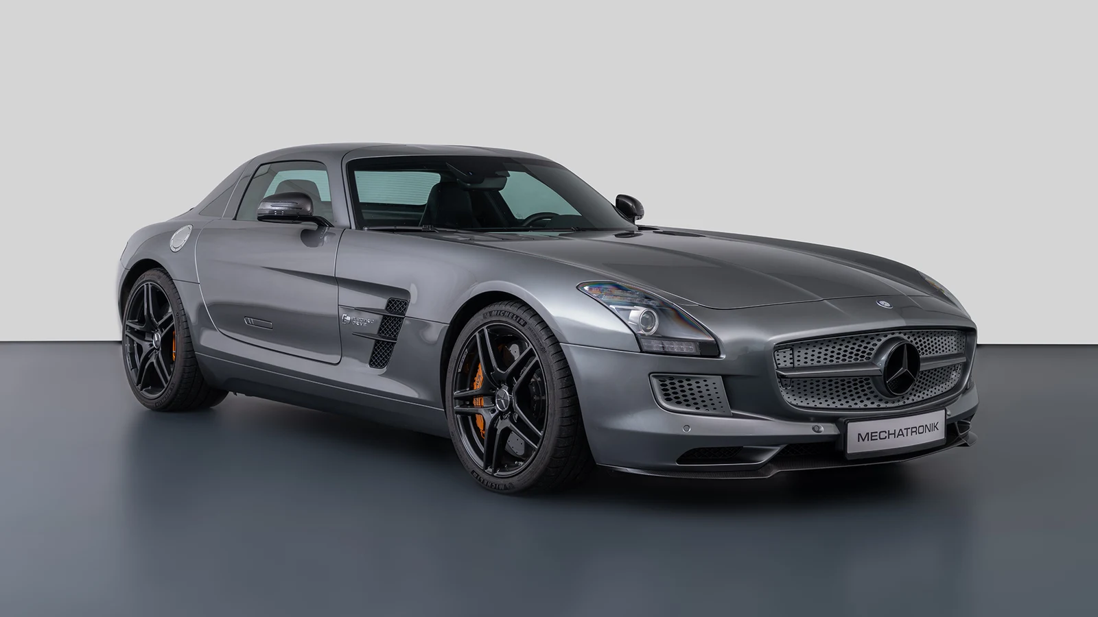 Himalaya Grey Mercedes-AMG SLS Electric Drive, full front three-quarter view