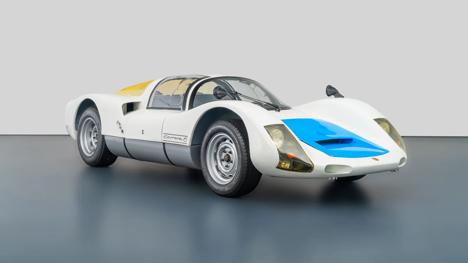 White Porsche 906 Carrera 6, full front three-quarter view