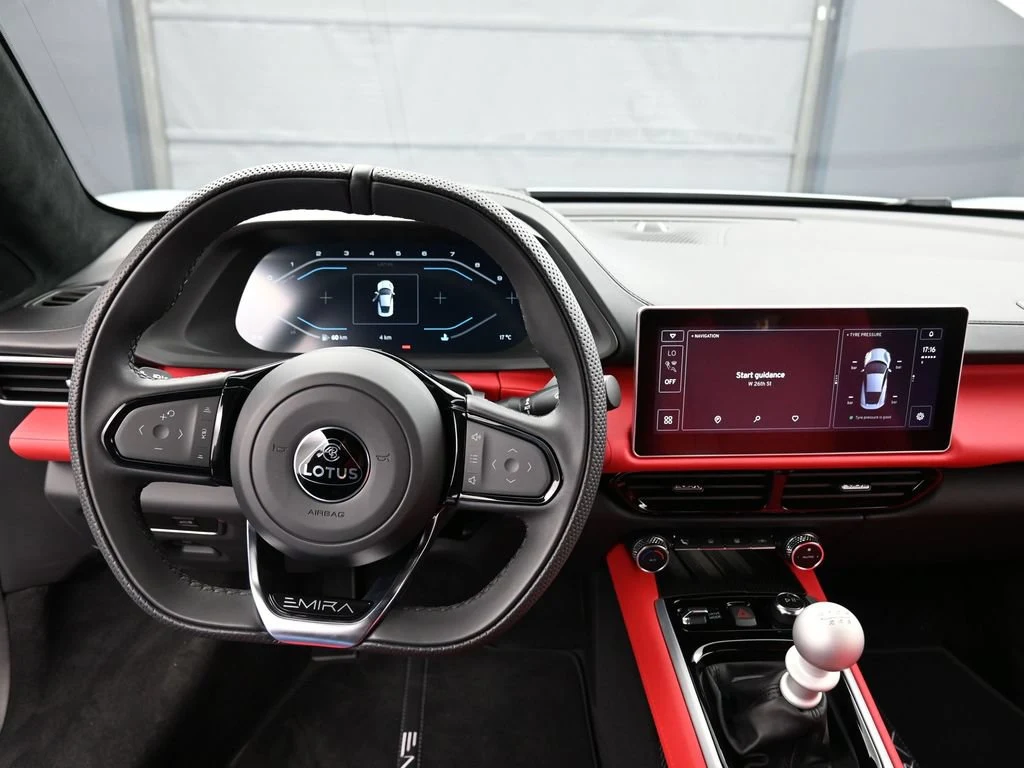 2025 Lotus Emira V6 interior, dashboard, Red Leather