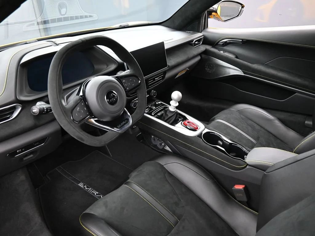 2025 Lotus Emira V6 interior, Black Alcantara with Yellow Stitch