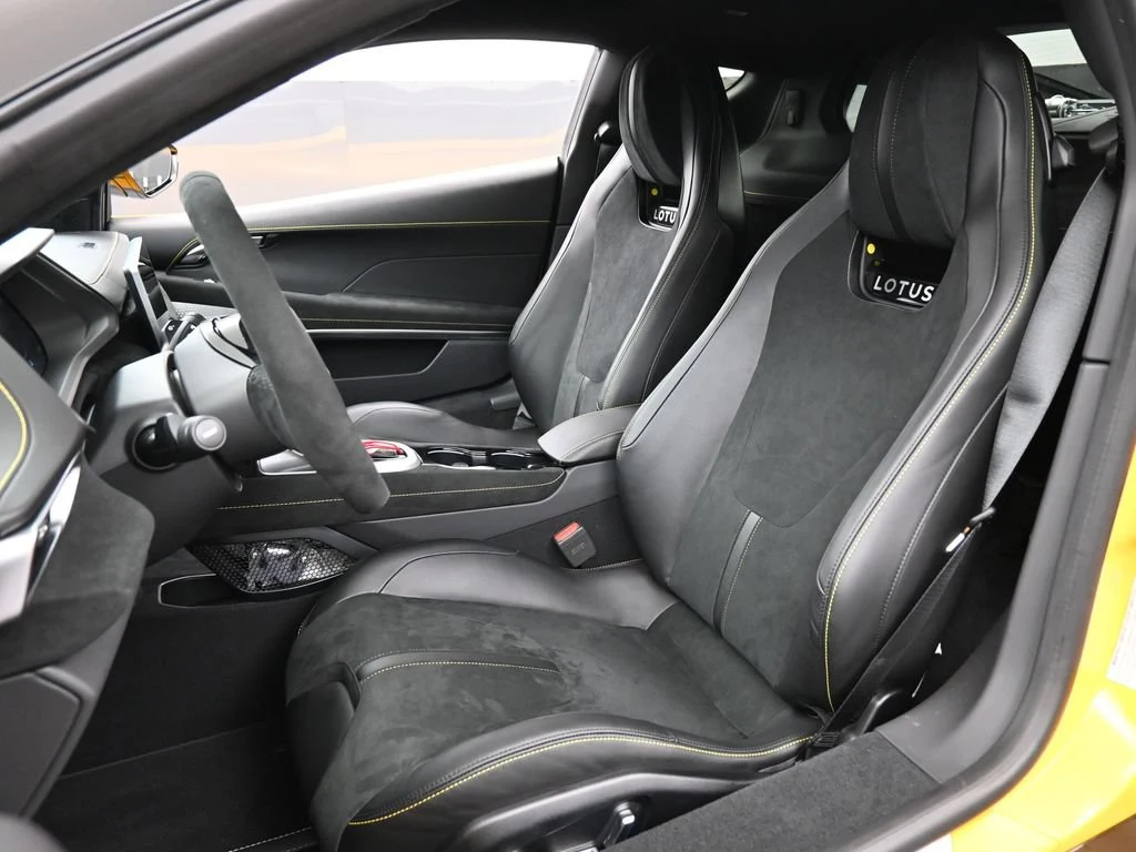 2025 Lotus Emira V6 interior, seats, Black Alcantara with Yellow Stitch