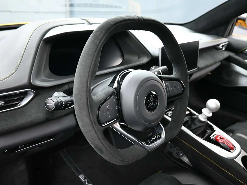 2025 Lotus Emira V6 interior, Black Alcantara with Yellow Stitch