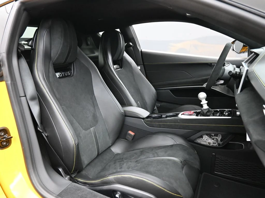 2025 Lotus Emira V6 interior, seats, Black Alcantara with Yellow Stitch