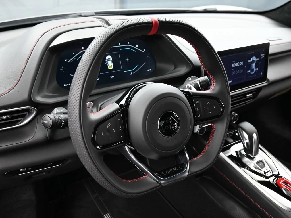 2026 Lotus Emira Turbo SE interior, Black Leather with Red Accents