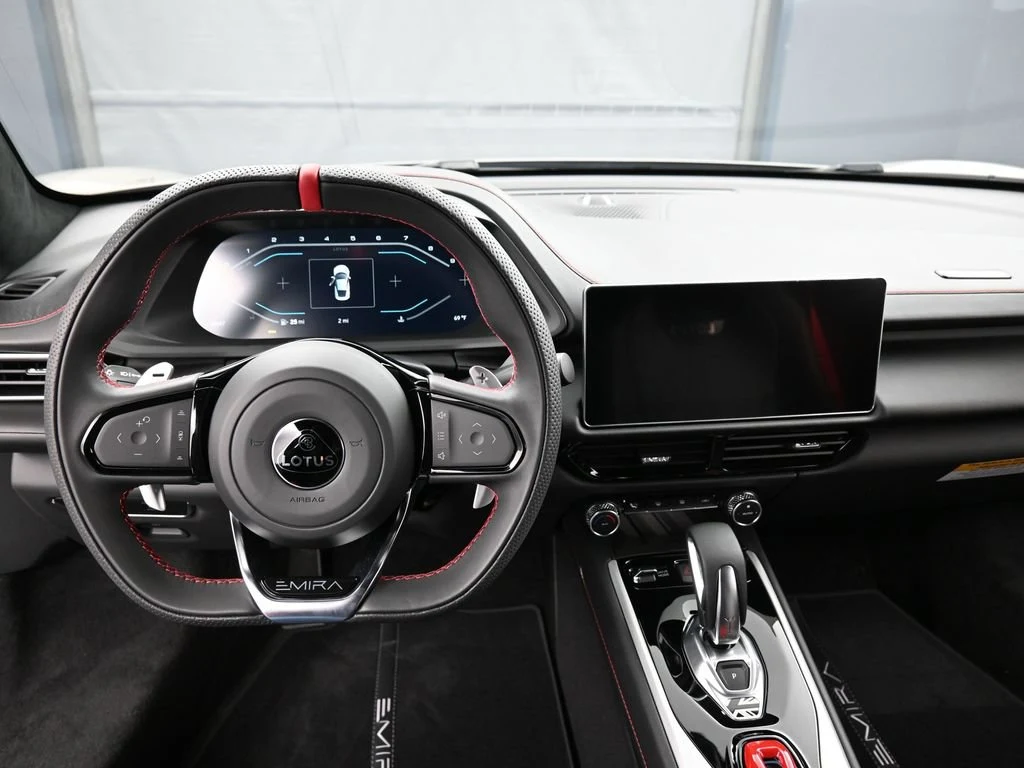 2026 Lotus Emira Turbo SE interior, dashboard, Black Leather with Red Accents